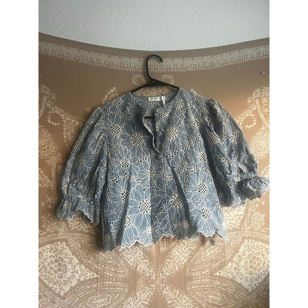 NWT Vita Grace Reena Embroidered Cotton Blouse in Sky Blue - Picture 4 of 6